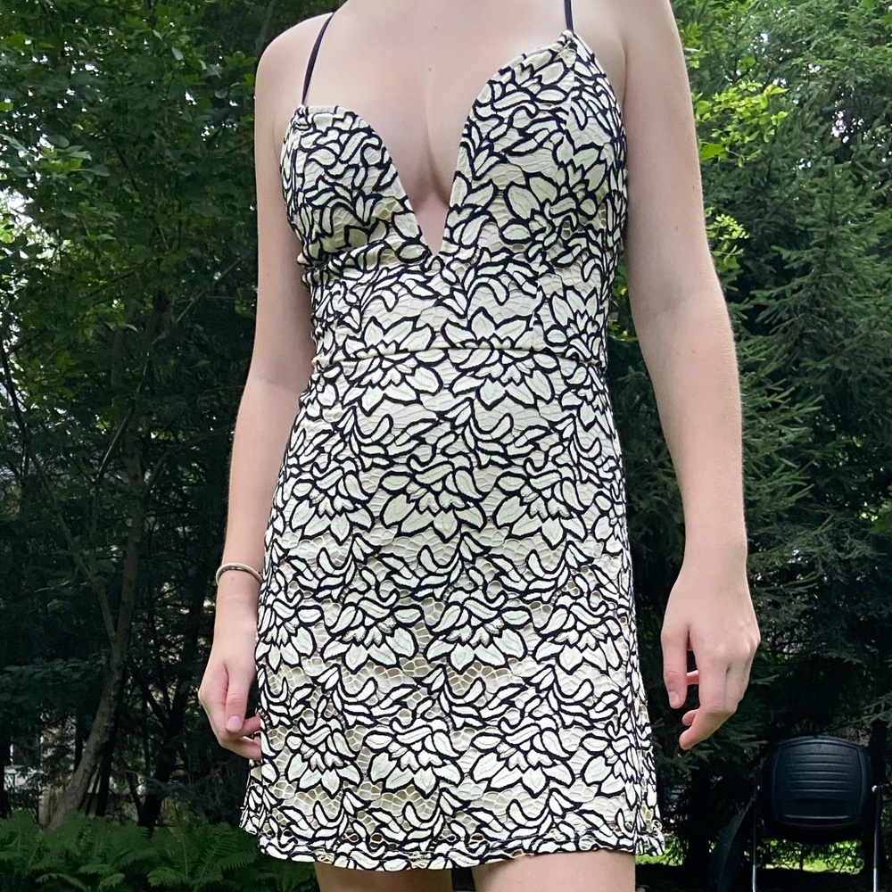 By the Way Cream and black lace fitted dress.